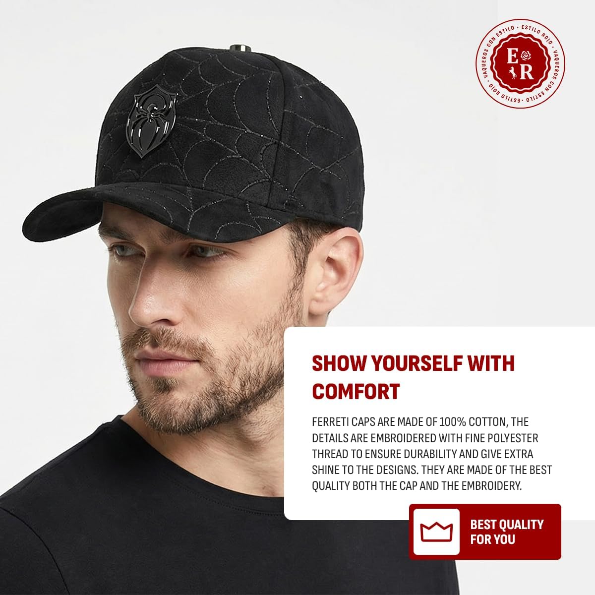 Ferreti Hats FT154 Black Spider Hat for Men & Women - Premium Baseball Snapback Cap, Gorra Negra para Hombre y Mujer