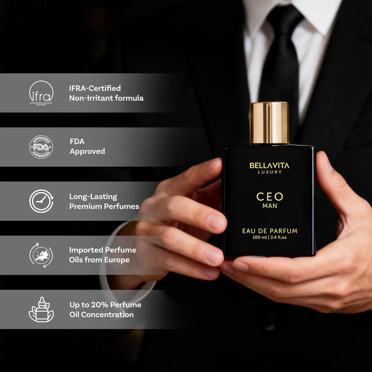 Bellavita Luxury CEO MAN Eau de Parfum | 100 ml (3.4 fl.oz.) | Perfume for Men | Mandarin, Lemon, Lavender, and Vetiver Notes | Long Lasting Men's Fragrance
