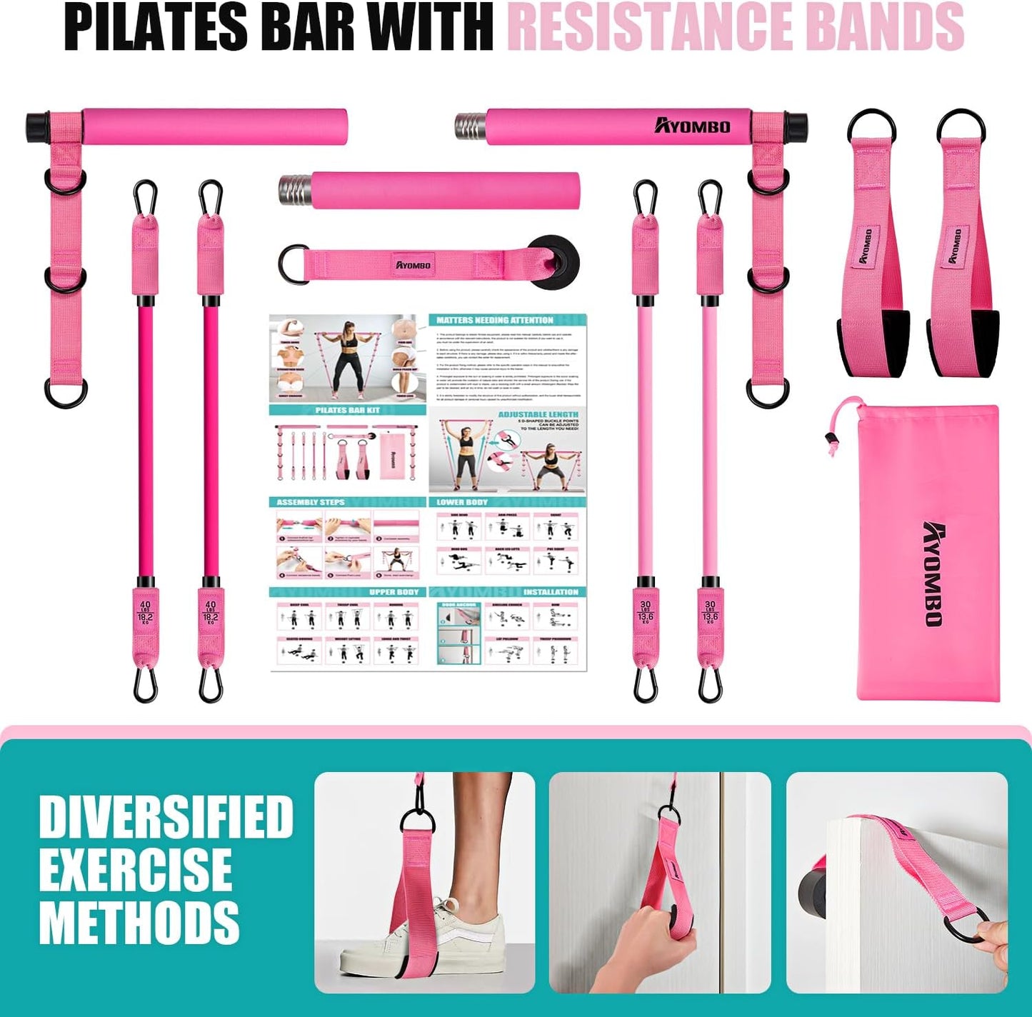 Ayombo Pilates Bar Kit with Resistance Bands, Pilates Workout Equipment for Legs, Hip, Waist, Arm, Squats Exercise Equipment for Home Workouts, Adjustable 3-Section Pilates Bar Kit for Women & Men