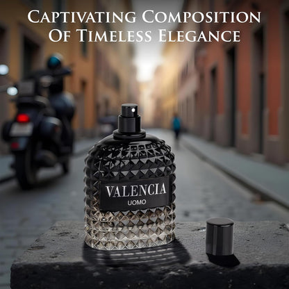 Valencia UOMO for Men Eau De Parfum - Woody Aromatic Fragrance - Floral Twist Blended with a Cool Facet of Mineral Notes & Salt - Edgy yet Masculine Scent - Cologne or Everyday Use - 100ml Bottle