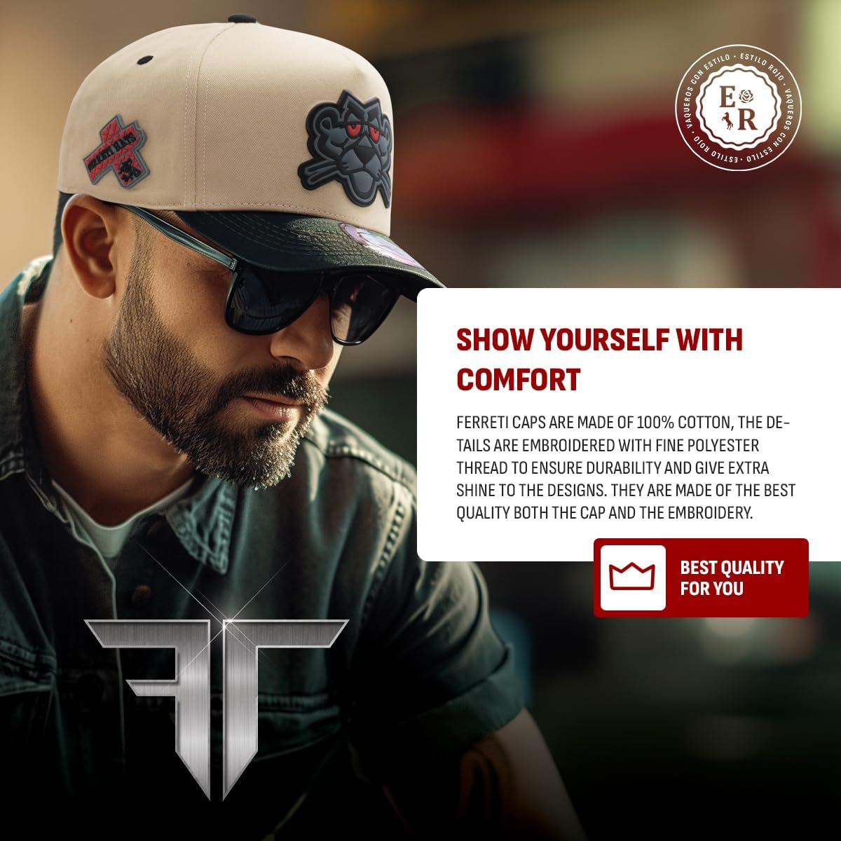 Ferreti Hats FT01 Khaky Panther Hat - Khaky Baseball Cap for Men & Women - Premium Adjustable Pantera Hat, Gorras para Hombre Originales Beige and Black