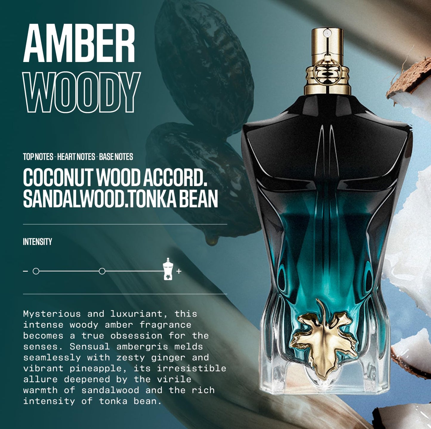 Jean Paul Gaultier Le Beau Le Parfum Intense for Men - Long Lasting Woody Amber Mens Cologne Eau de Parfum with Coconut Wood, Tonka Bean & Sandalwood - Designer Fragrance Spray, 2.5 oz