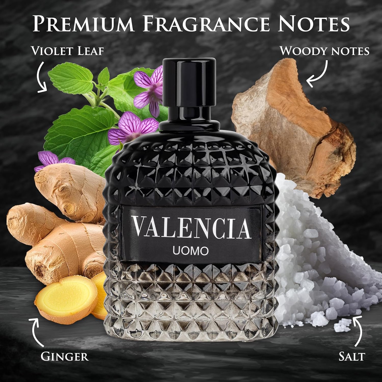Valencia UOMO for Men Eau De Parfum - Woody Aromatic Fragrance - Floral Twist Blended with a Cool Facet of Mineral Notes & Salt - Edgy yet Masculine Scent - Cologne or Everyday Use - 100ml Bottle