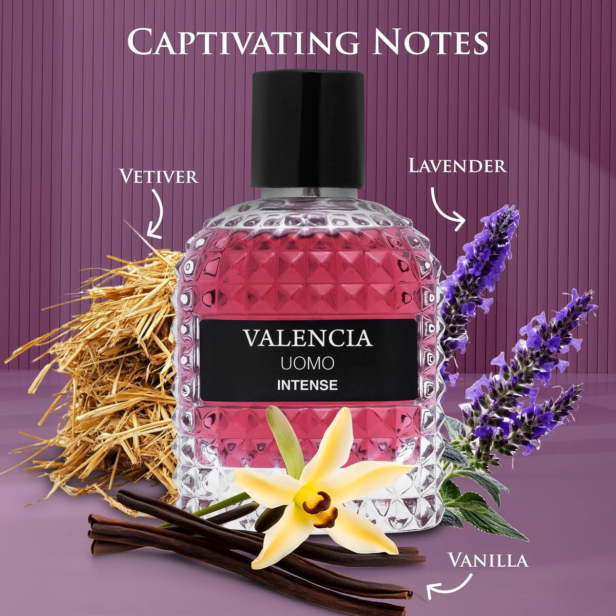 Valencia UOMO Intense for Men Eau De Parfum - Amber Fougere Fragrance Top Notes of Vanilla Bourbon Mid Tone of Lavandin Create Spicy & Woody Aroma - Base Scent of Smoked Vetiver Elegant 100ml Bottle