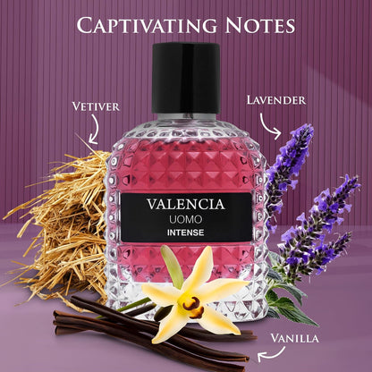 Valencia UOMO Intense for Men Eau De Parfum - Amber Fougere Fragrance Top Notes of Vanilla Bourbon Mid Tone of Lavandin Create Spicy & Woody Aroma - Base Scent of Smoked Vetiver Elegant 100ml Bottle